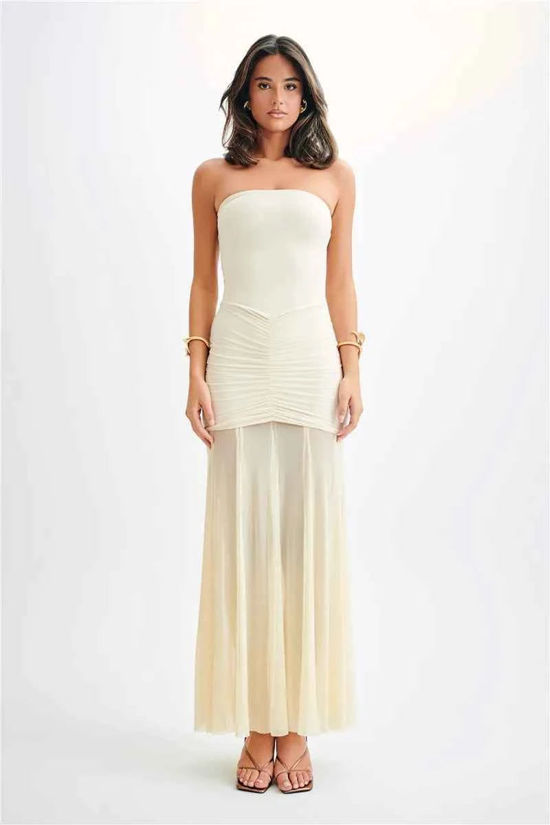Off-shoulder Backless Mesh Strapless Sleeveless Maxi Dress - Rown