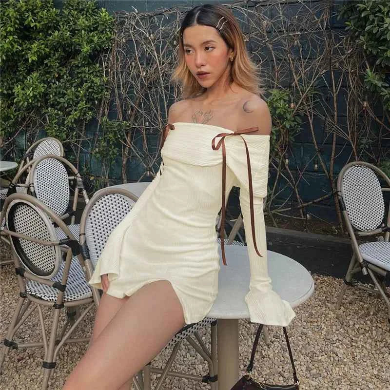 Lace-up Flare Long Sleeve Off-shoulder Backless Bodycon Mini Dress - Rown