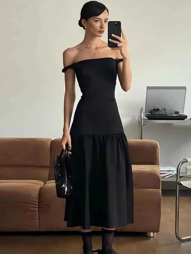 Elegant Sleeveless Solid Slash Neck Slim Fit Midi Dress - Rown