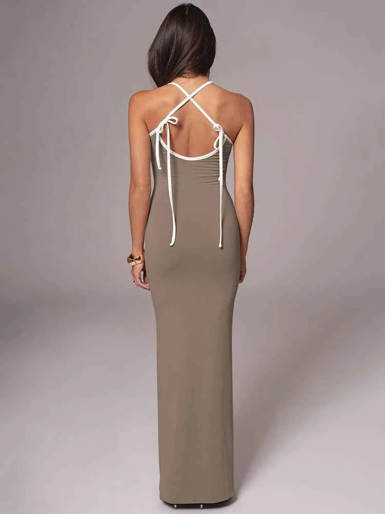 Spaghetti Strap Lace-up Sleeveless Backless Bodycon Evening Maxi Dress - Rown