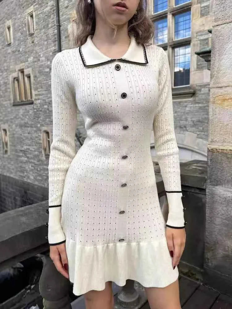 Long Sleeve Lapel Single-Breasted Button Ruffled Knit Mini Dress - Rown