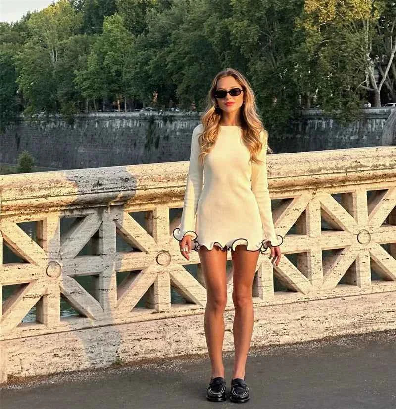 Long Sleeve Sweater Knit Pullovers O Neck Ruffled Mini Dress - Rown