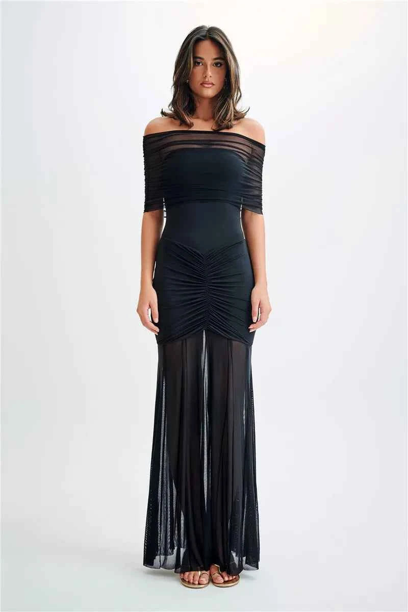 Off-shoulder Backless Mesh Strapless Sleeveless Maxi Dress - Rown