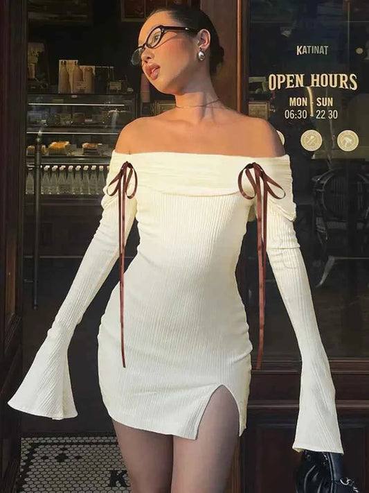 Lace-up Flare Long Sleeve Off-shoulder Backless Bodycon Mini Dress - Rown