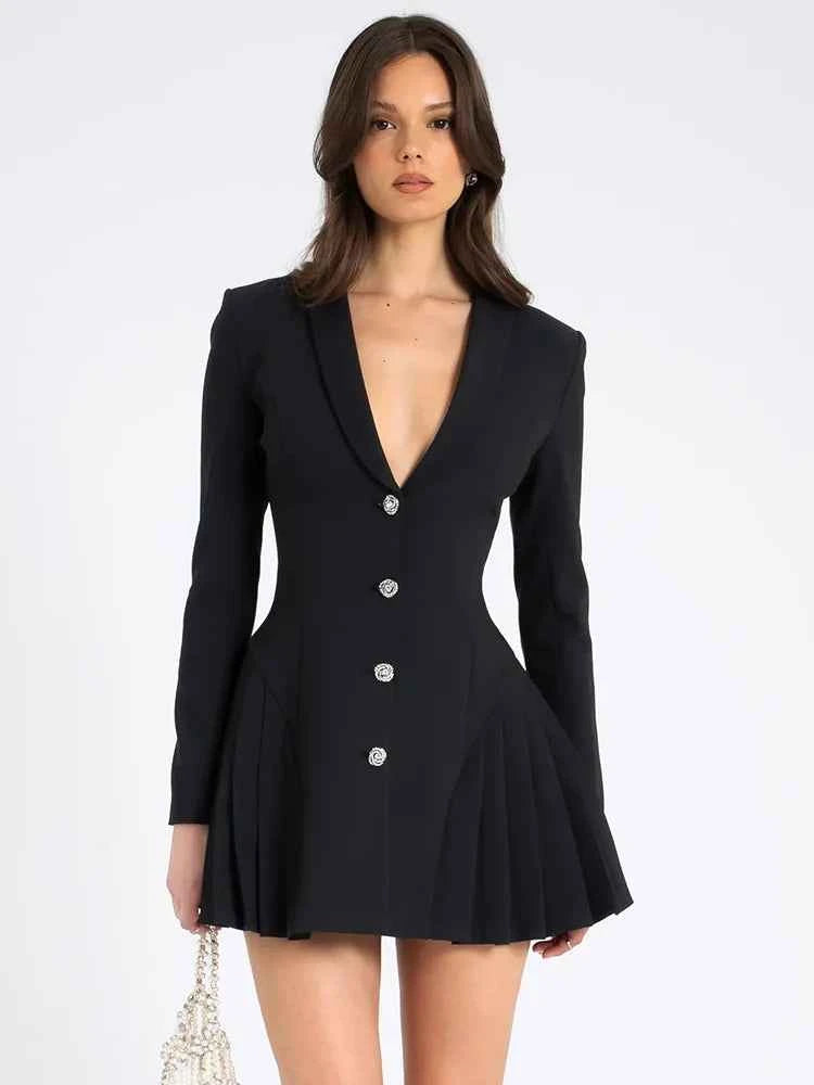 Black Blazer V Neck Single-breasted Long Sleeve High Waist Pleated Mini Dress - Rown