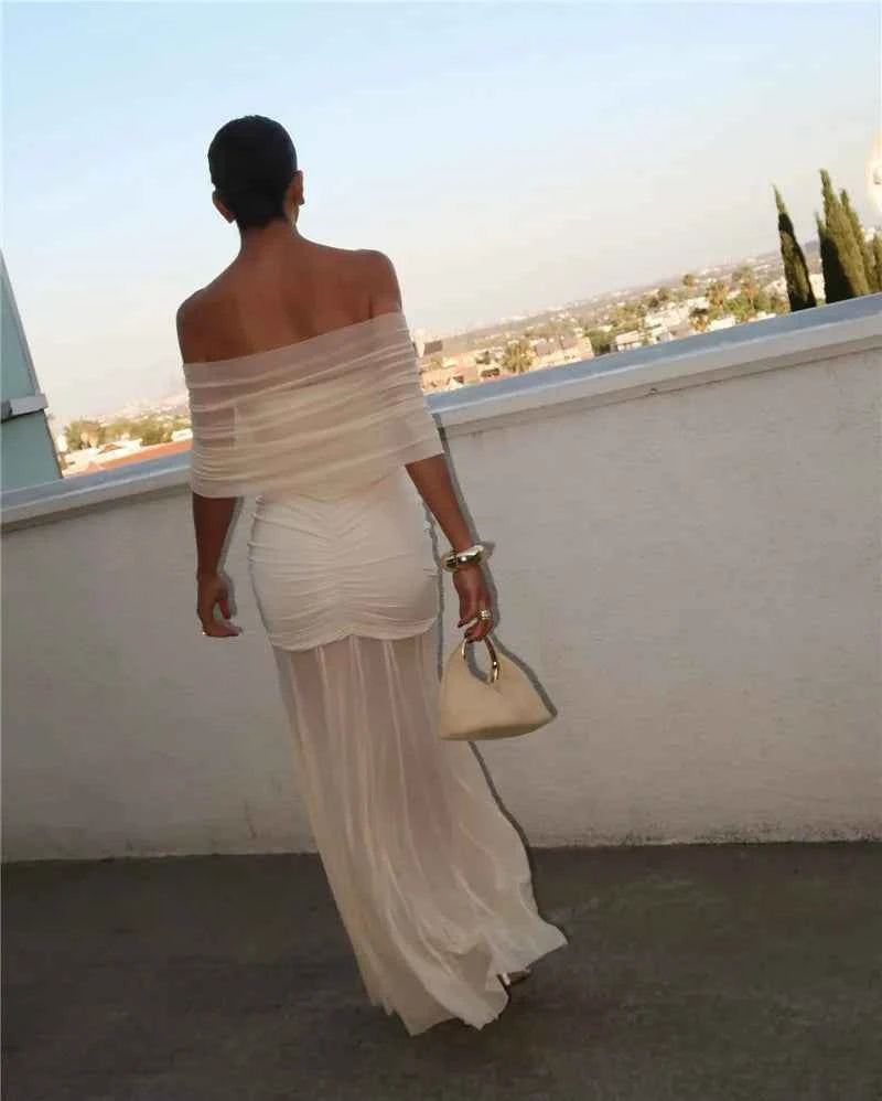 Off-shoulder Backless Mesh Strapless Sleeveless Maxi Dress - Rown