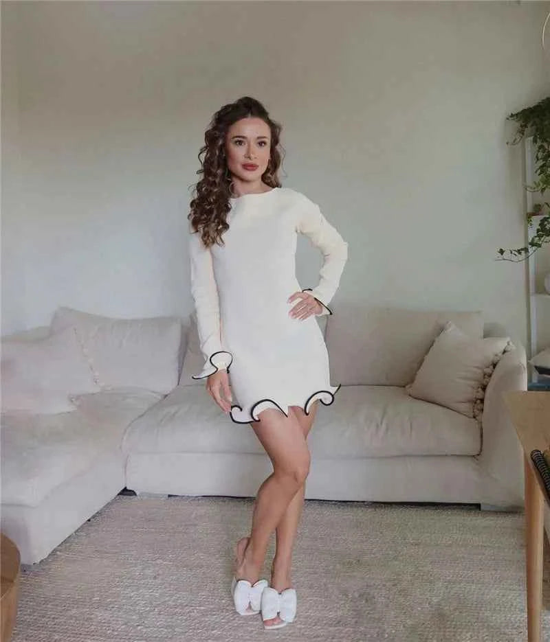 Long Sleeve Sweater Knit Pullovers O Neck Ruffled Mini Dress - Rown