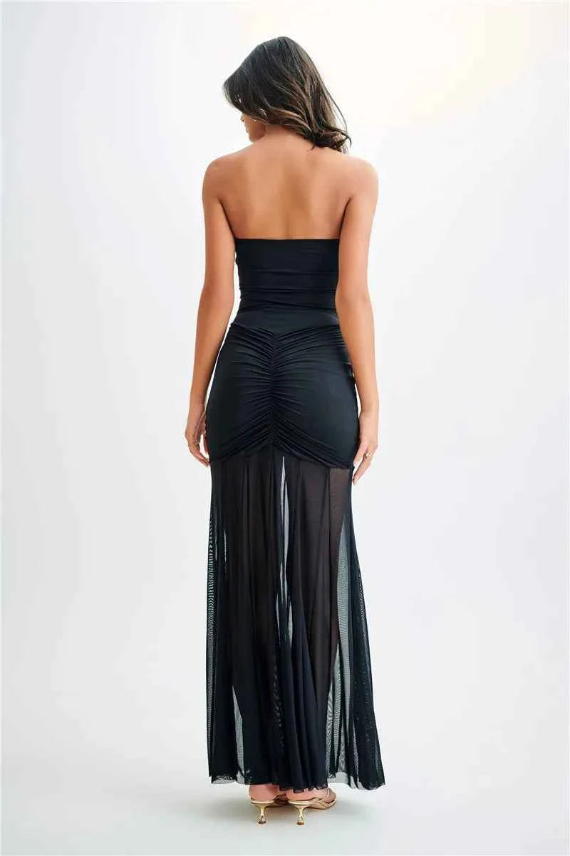 Off-shoulder Backless Mesh Strapless Sleeveless Maxi Dress - Rown