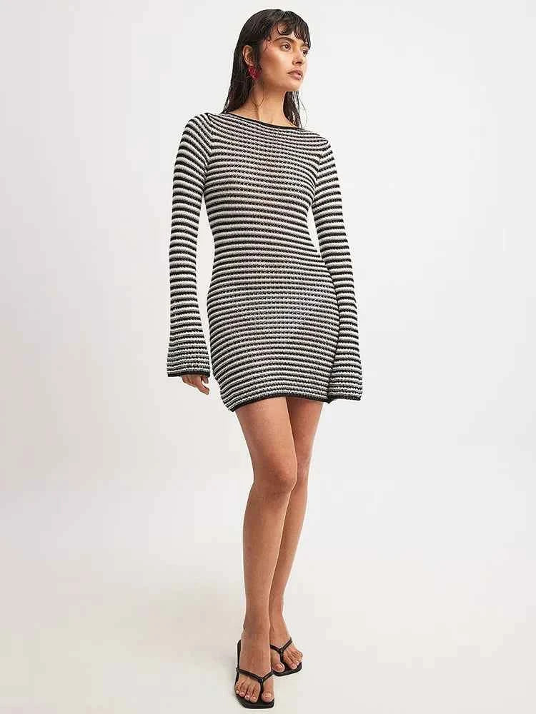Striped Knit O Neck Long Sleeve High Waist Mini Dress - Rown