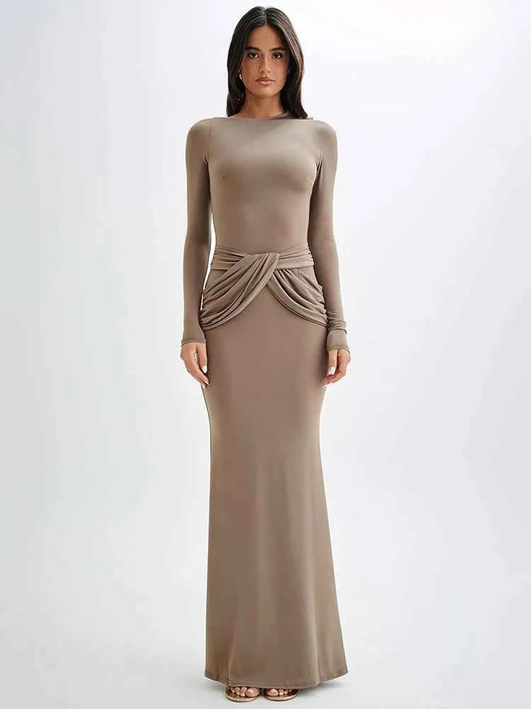 Diagonal Collar Long Sleeve Solid High Waist Ruched Bodycon Maxi Dress - Rown