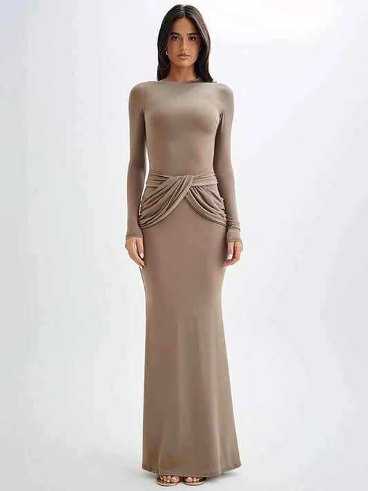Diagonal Collar Long Sleeve Solid High Waist Ruched Bodycon Maxi Dress - Rown