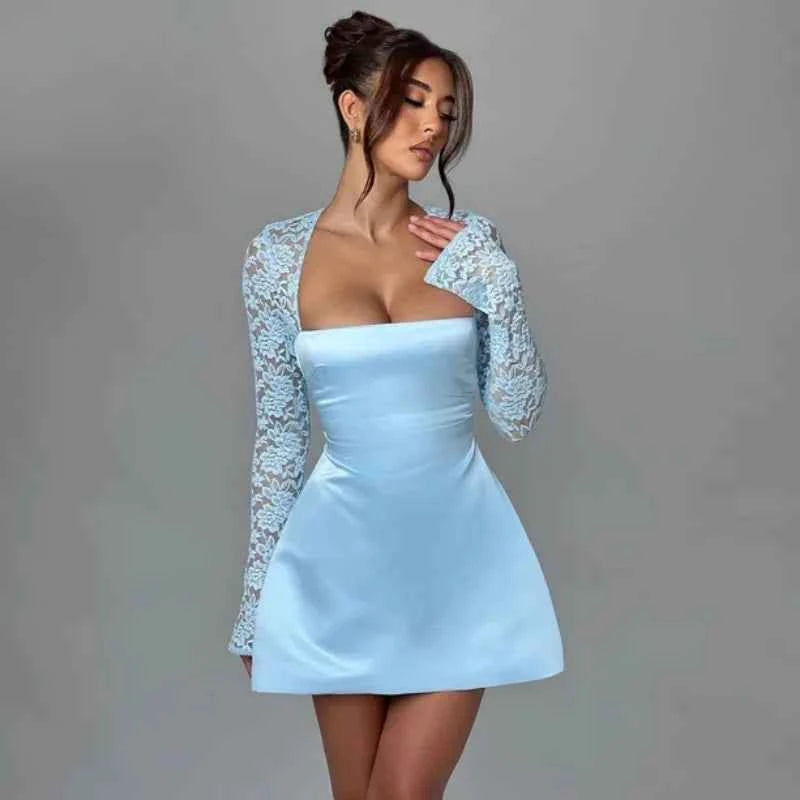 Long Sleeve Robe Square Collar Backless A-line High Waist Lace Mini Dress - Rown