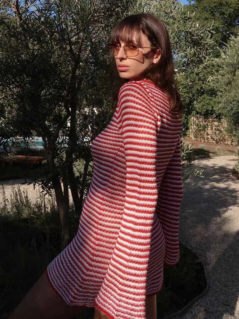 Striped Knit O Neck Long Sleeve High Waist Mini Dress - Rown