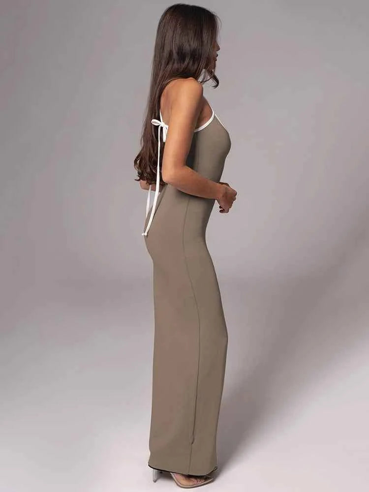 Spaghetti Strap Lace-up Sleeveless Backless Bodycon Evening Maxi Dress - Rown