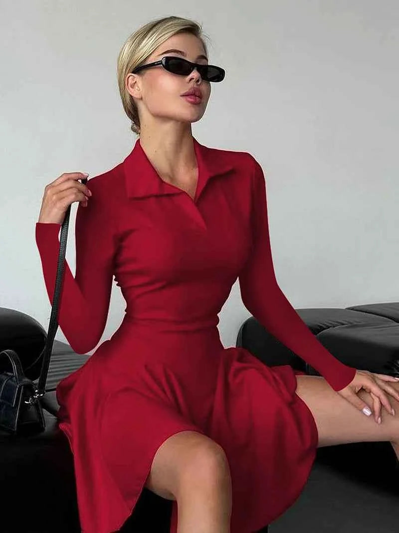 Long Sleeve Pleated Lapel High Waist Knitted Sweater Mini Dress - Rown