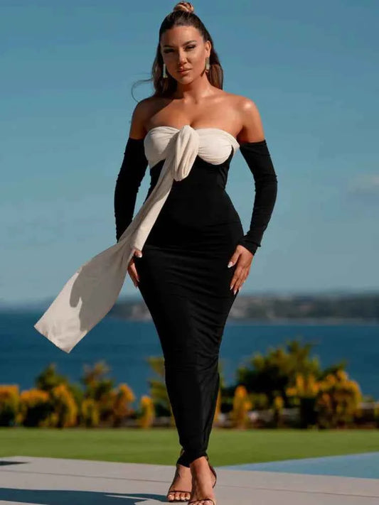 Patchwork Off-shoulder Contrast Color Strapless Long Sleeve Maxi Dress - Rown