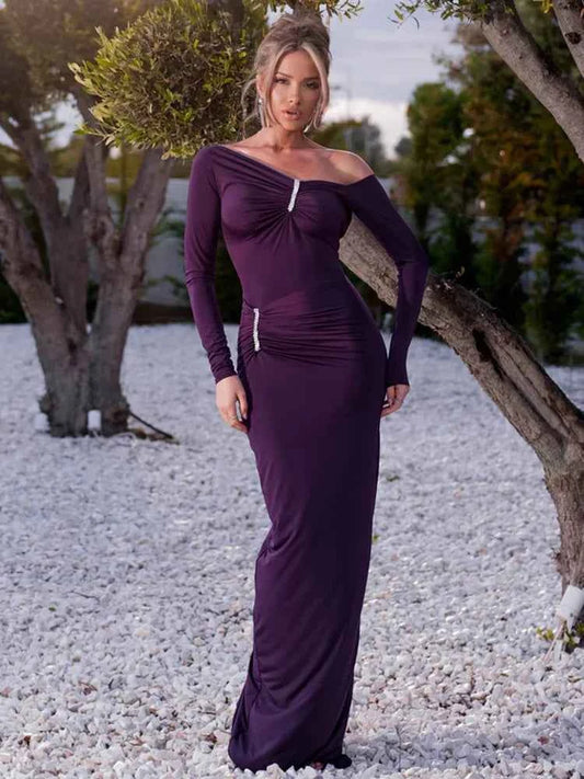 Diagonal Collar Long Sleeve Sparkle Backless Ruched Maxi Dress