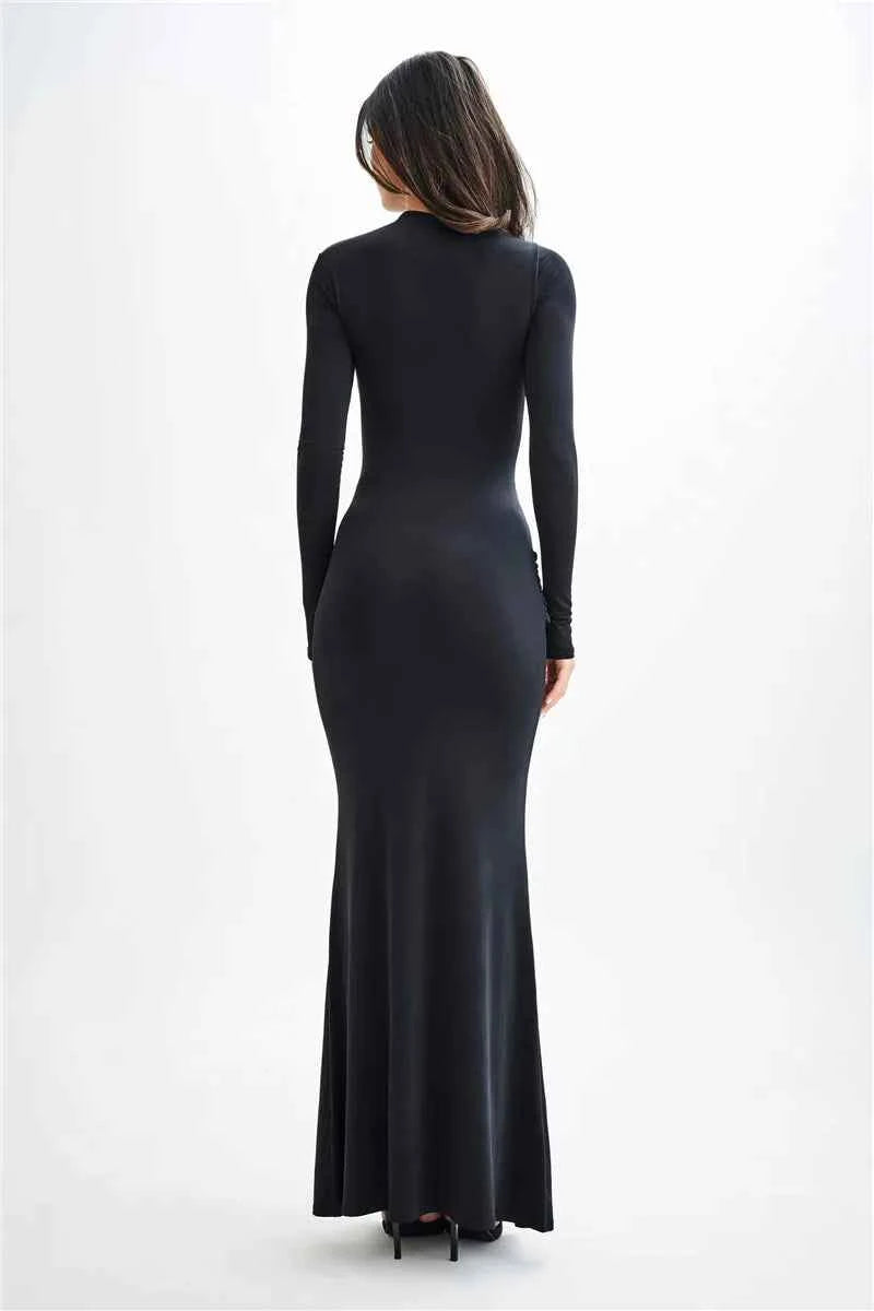 Diagonal Collar Long Sleeve Solid High Waist Ruched Bodycon Maxi Dress - Rown