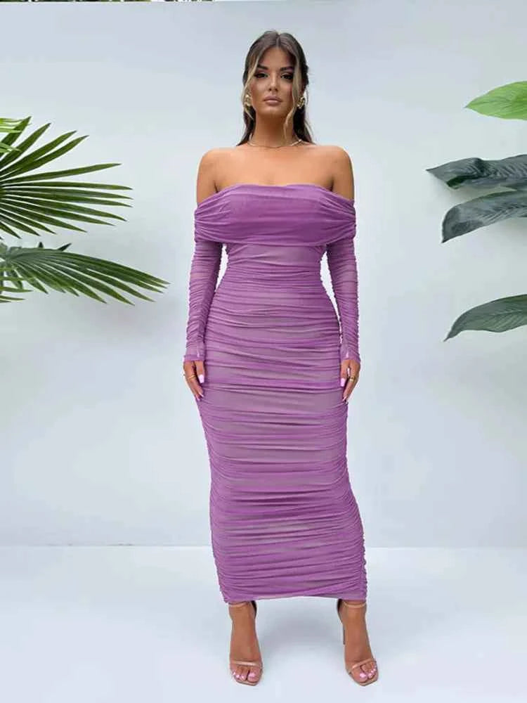 Off-shoulder Long Sleeve Strapless Backless Ruched Maxi Dress