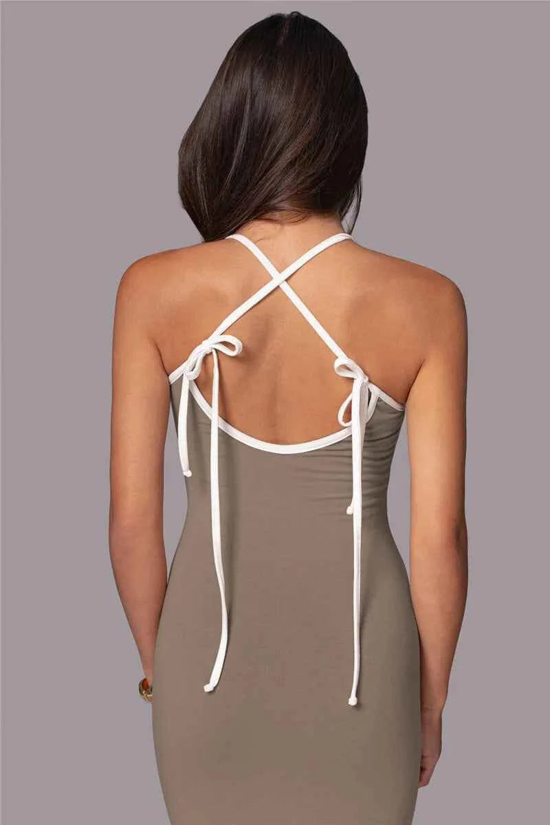 Spaghetti Strap Lace-up Sleeveless Backless Bodycon Evening Maxi Dress - Rown