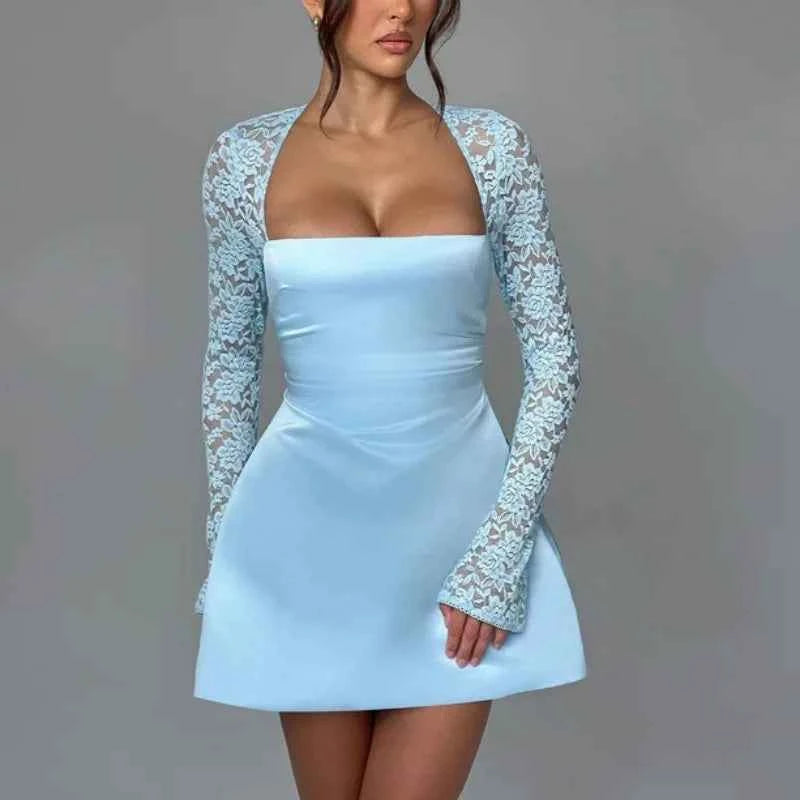 Long Sleeve Robe Square Collar Backless A-line High Waist Lace Mini Dress - Rown