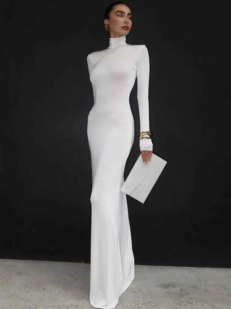 Elegant Turtleneck Long Sleeve Solid Floor-length Maxi Dress - Rown