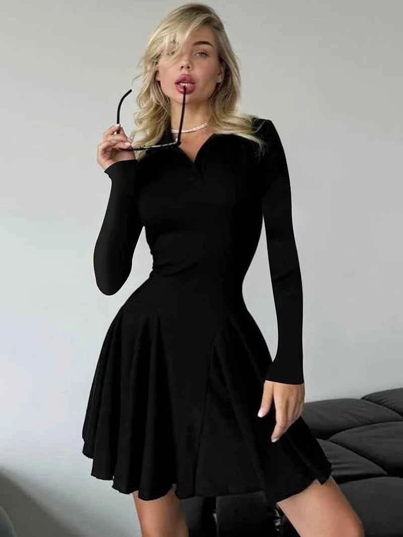 Long Sleeve Pleated Lapel High Waist Knitted Sweater Mini Dress - Rown