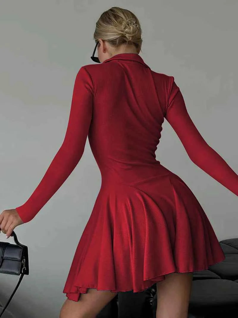 Long Sleeve Pleated Lapel High Waist Knitted Sweater Mini Dress - Rown