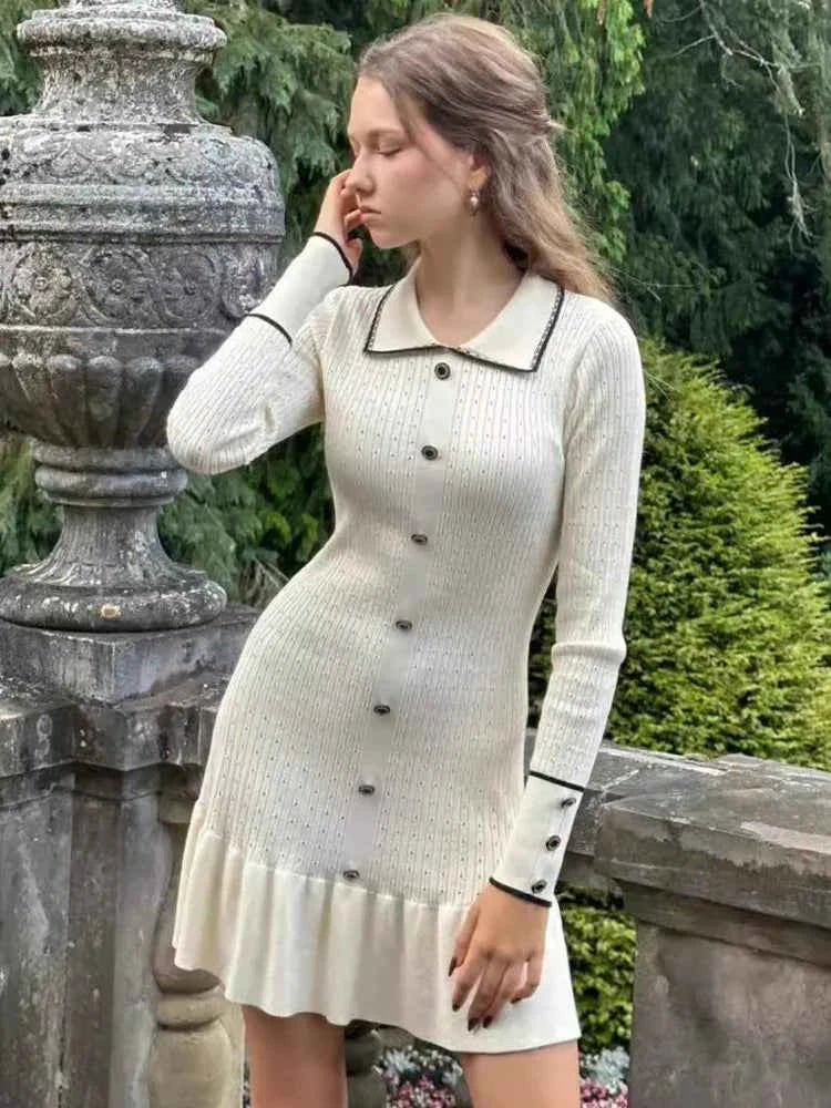 Long Sleeve Lapel Single-Breasted Button Ruffled Knit Mini Dress - Rown