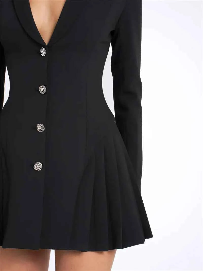 Black Blazer V Neck Single-breasted Long Sleeve High Waist Pleated Mini Dress - Rown