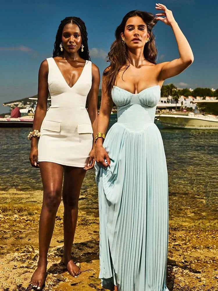 Off-shoulder Backless Pleated Strapless Sleeveless High Waist Maxi Dress - Rown