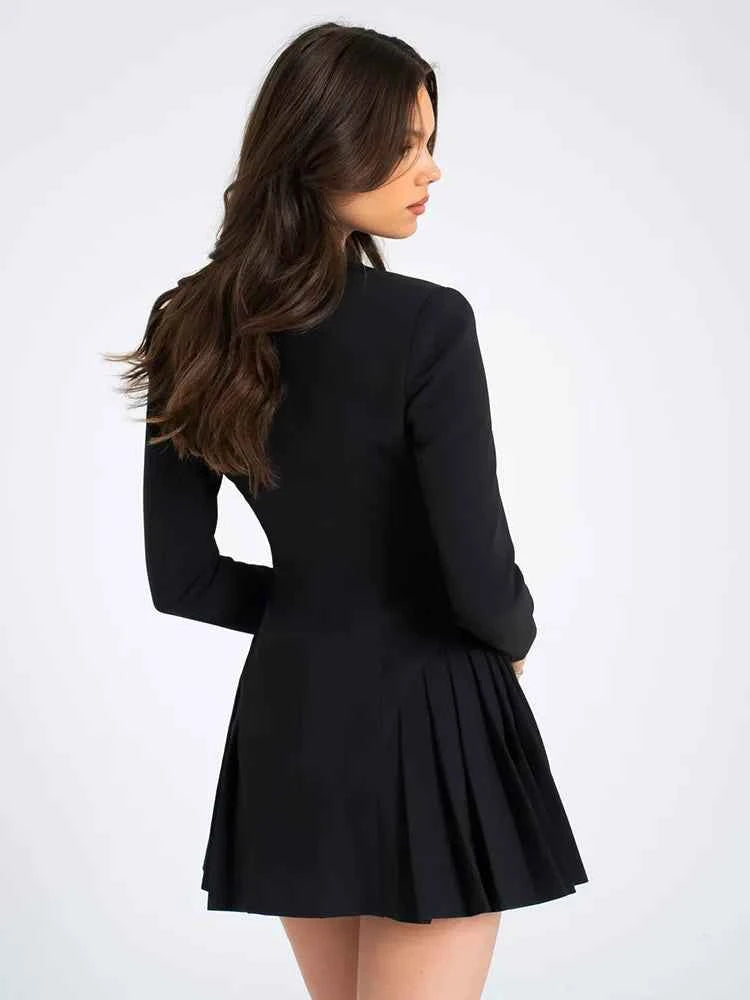 Black Blazer V Neck Single-breasted Long Sleeve High Waist Pleated Mini Dress - Rown