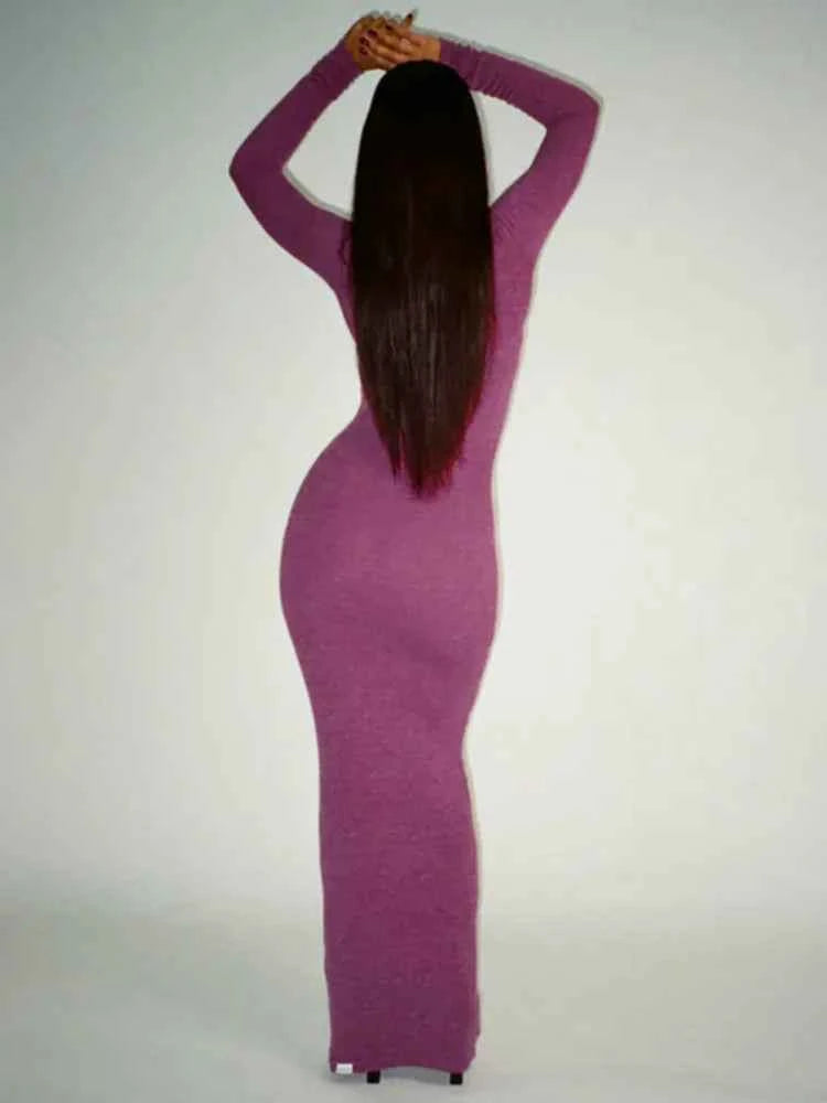 Elegant Turtleneck Long Sleeve Solid Slim Fit High Waist Maxi Dress - Rown