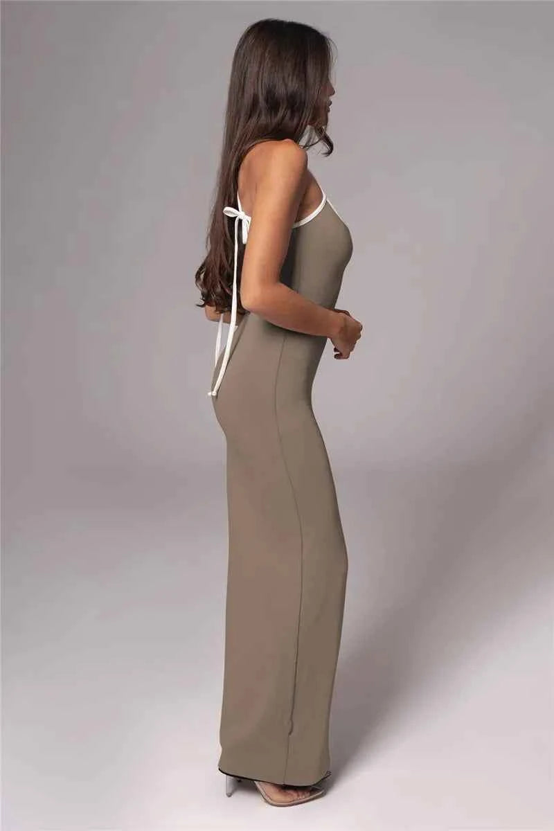 Spaghetti Strap Lace-up Sleeveless Backless Bodycon Evening Maxi Dress - Rown