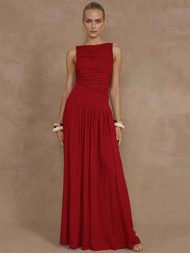 Elegant Sleeveless Solid Boat Neck Tank Ruched Maxi Dress