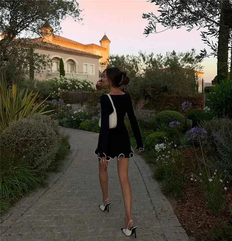 Long Sleeve Sweater Knit Pullovers O Neck Ruffled Mini Dress - Rown