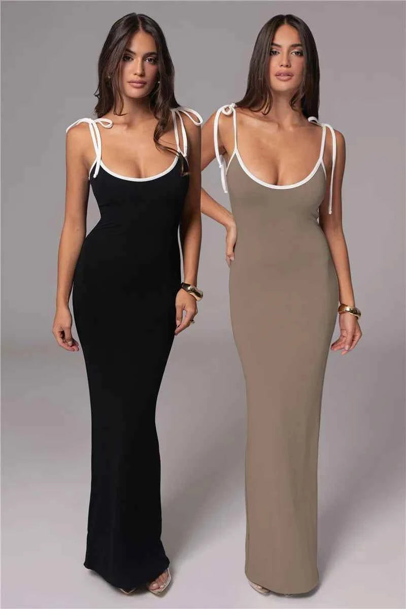 Spaghetti Strap Lace-up Sleeveless Backless Bodycon Evening Maxi Dress - Rown