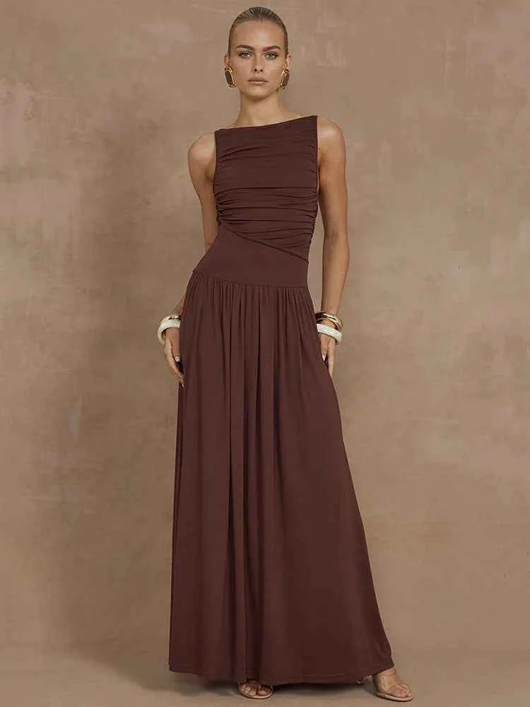 Elegant Sleeveless Solid Boat Neck Tank Ruched Maxi Dress