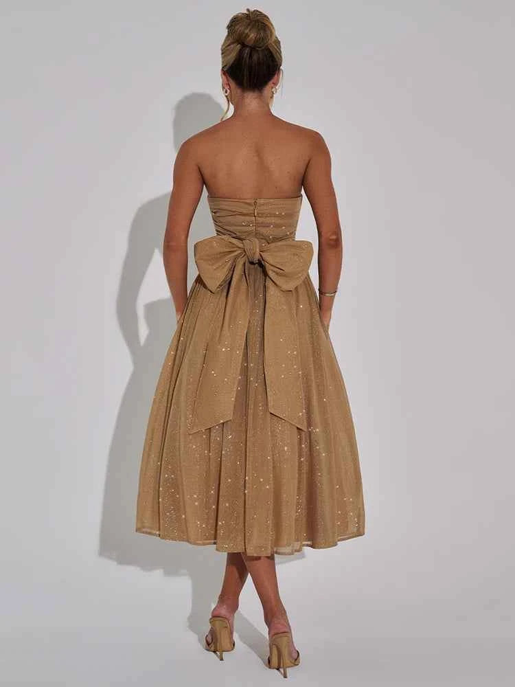 Off-shoulder Backless Bow Strapless Sleeveless A-line Loose Pleated Maxi Dress - Rown