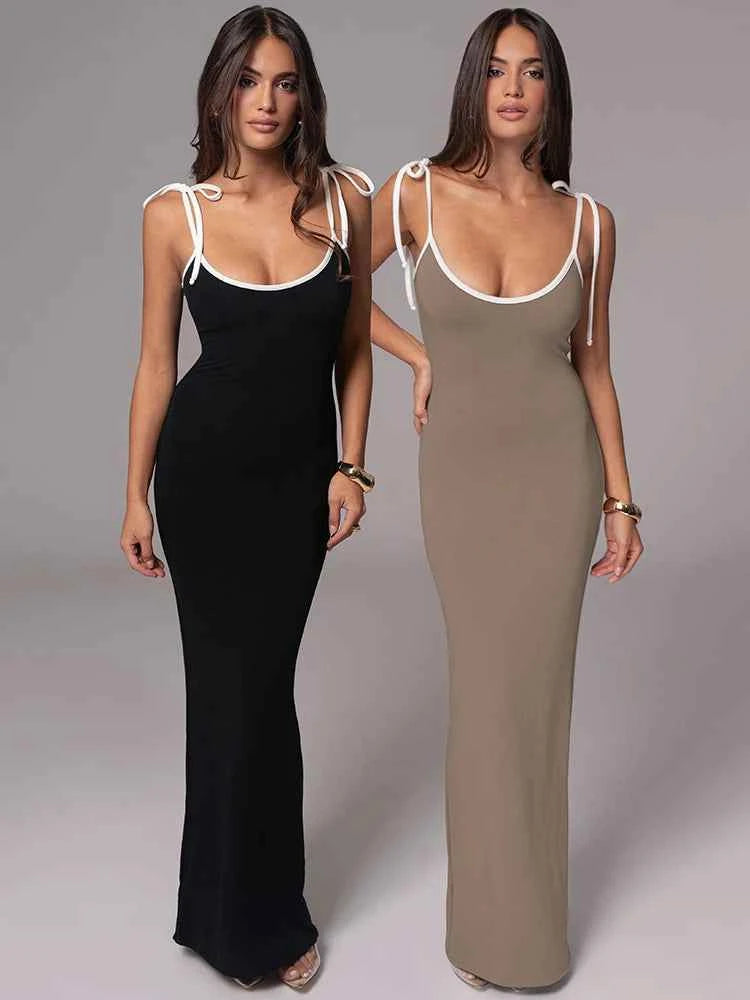 Spaghetti Strap Lace-up Sleeveless Backless Bodycon Evening Maxi Dress - Rown
