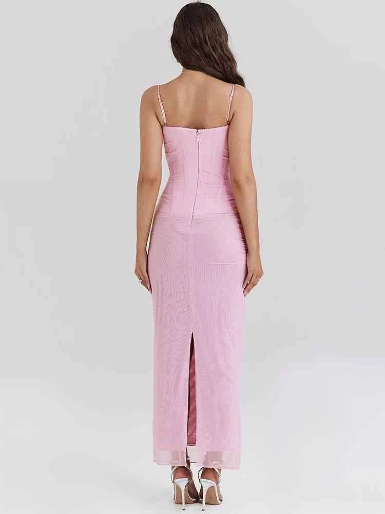 Mesh Purple Fishbone Spaghetti Strap Sleeveless Backless Maxi Dress