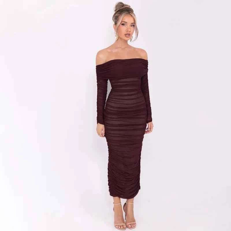 Off-shoulder Long Sleeve Strapless Backless Ruched Maxi Dress
