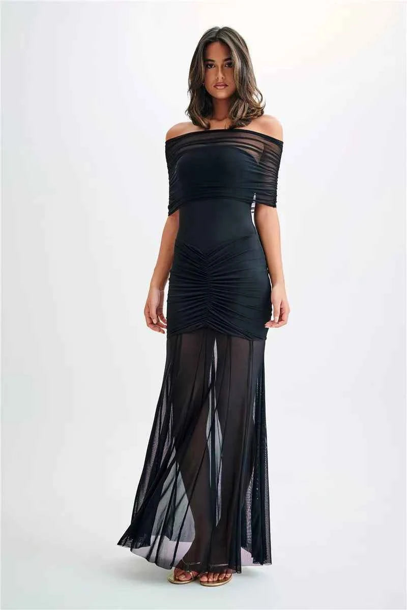 Off-shoulder Backless Mesh Strapless Sleeveless Maxi Dress - Rown