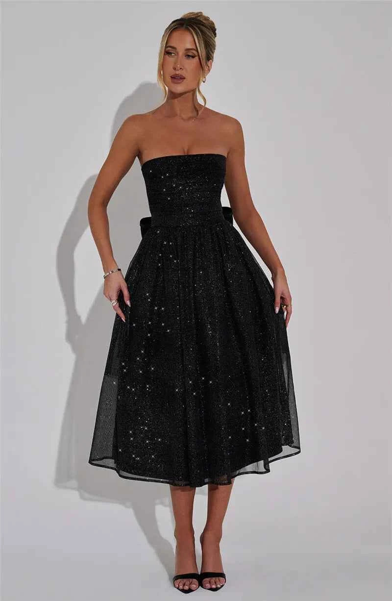 Off-shoulder Backless Bow Strapless Sleeveless A-line Loose Pleated Maxi Dress - Rown