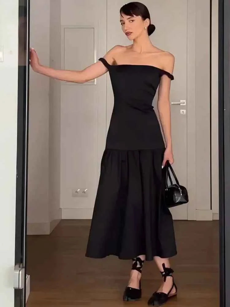 Elegant Sleeveless Solid Slash Neck Slim Fit Midi Dress - Rown