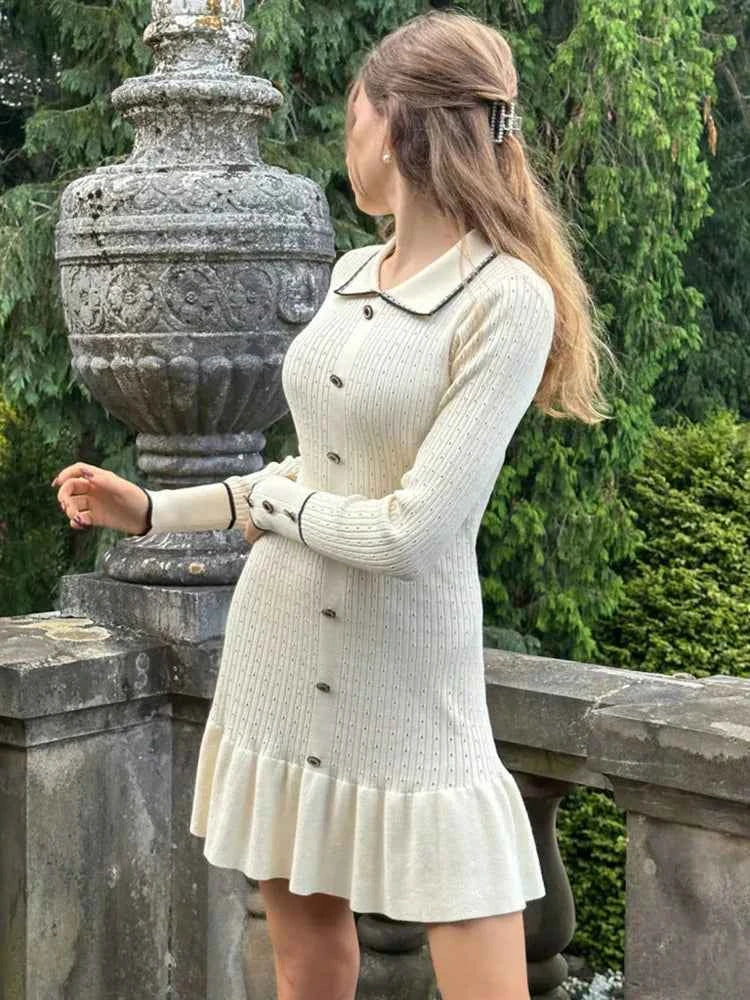 Long Sleeve Lapel Single-Breasted Button Ruffled Knit Mini Dress - Rown