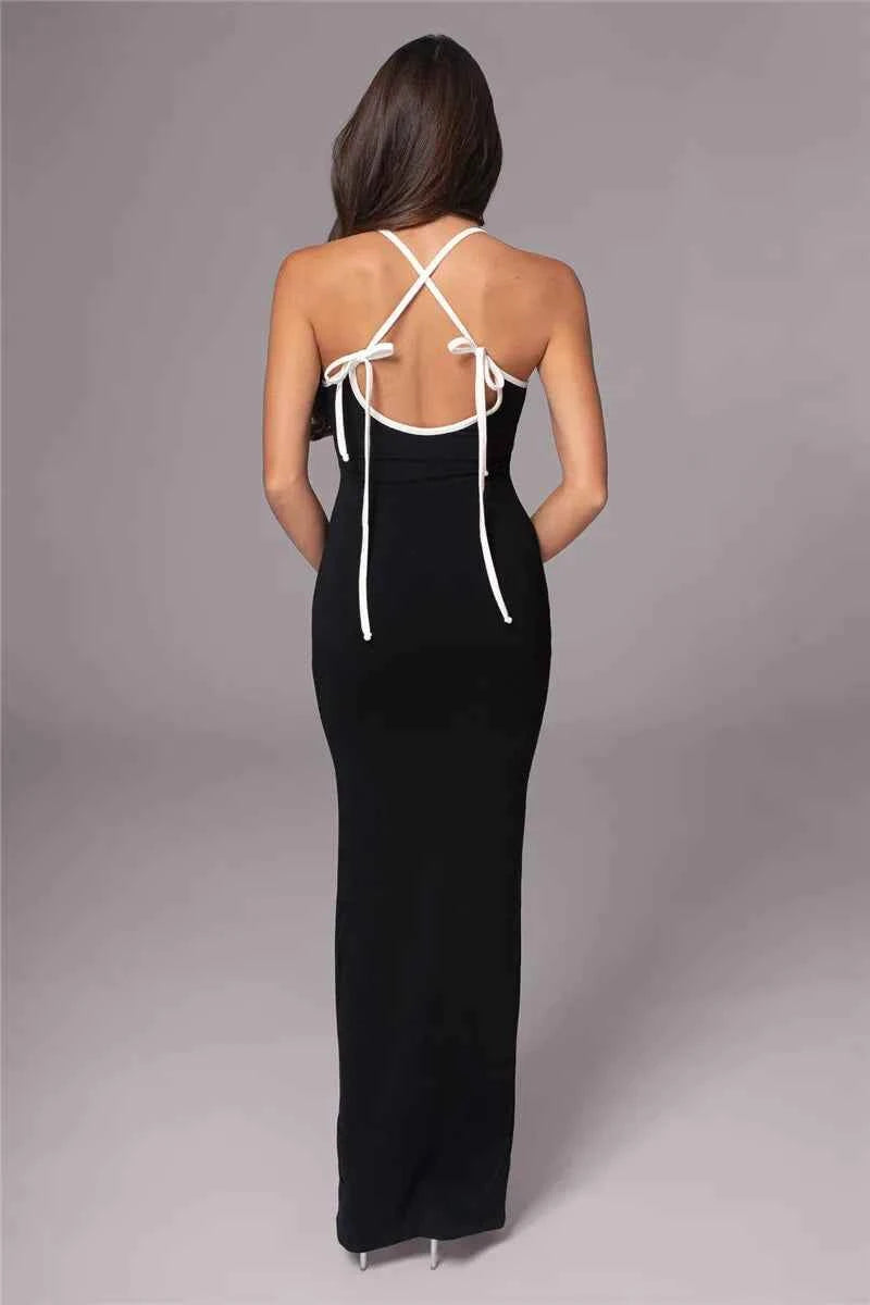 Spaghetti Strap Lace-up Sleeveless Backless Bodycon Evening Maxi Dress - Rown