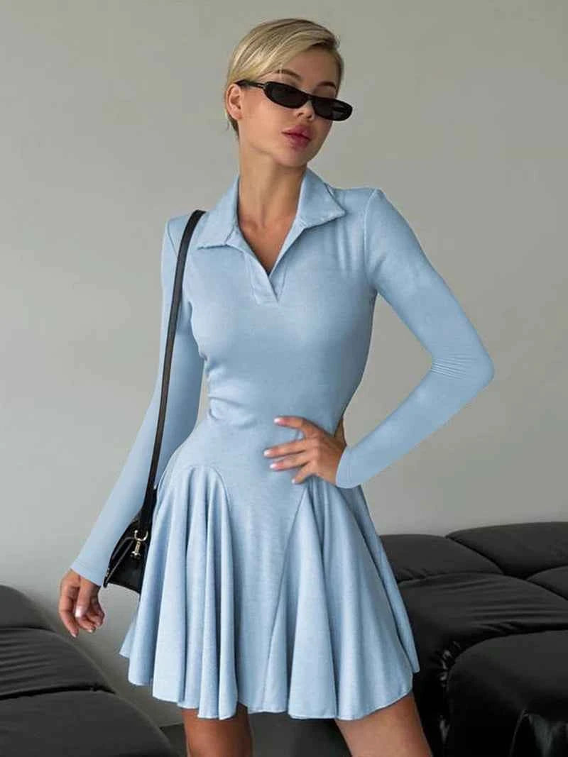 Long Sleeve Pleated Lapel High Waist Knitted Sweater Mini Dress - Rown