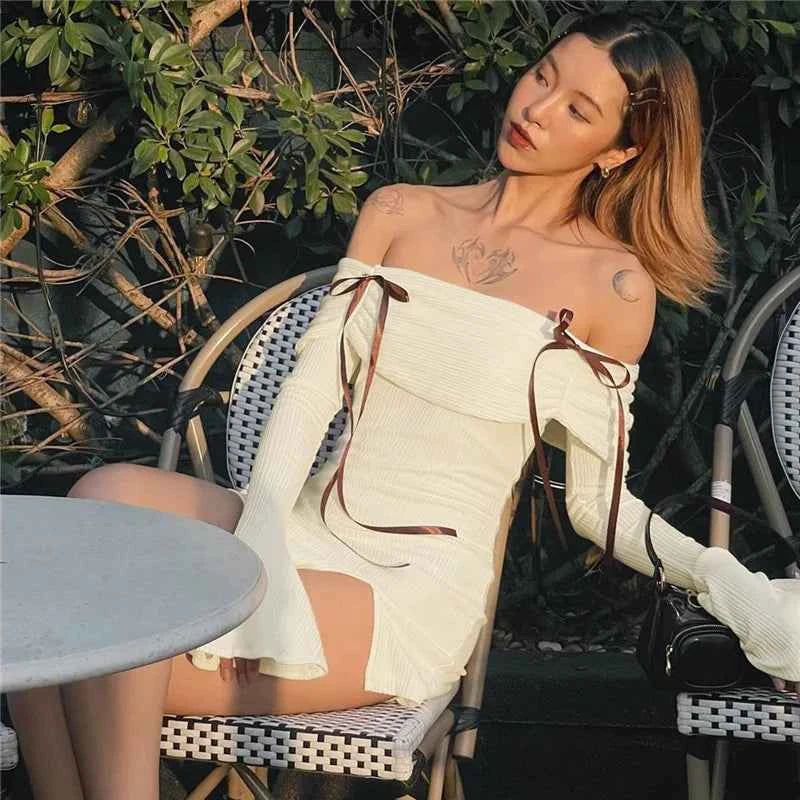 Lace-up Flare Long Sleeve Off-shoulder Backless Bodycon Mini Dress - Rown