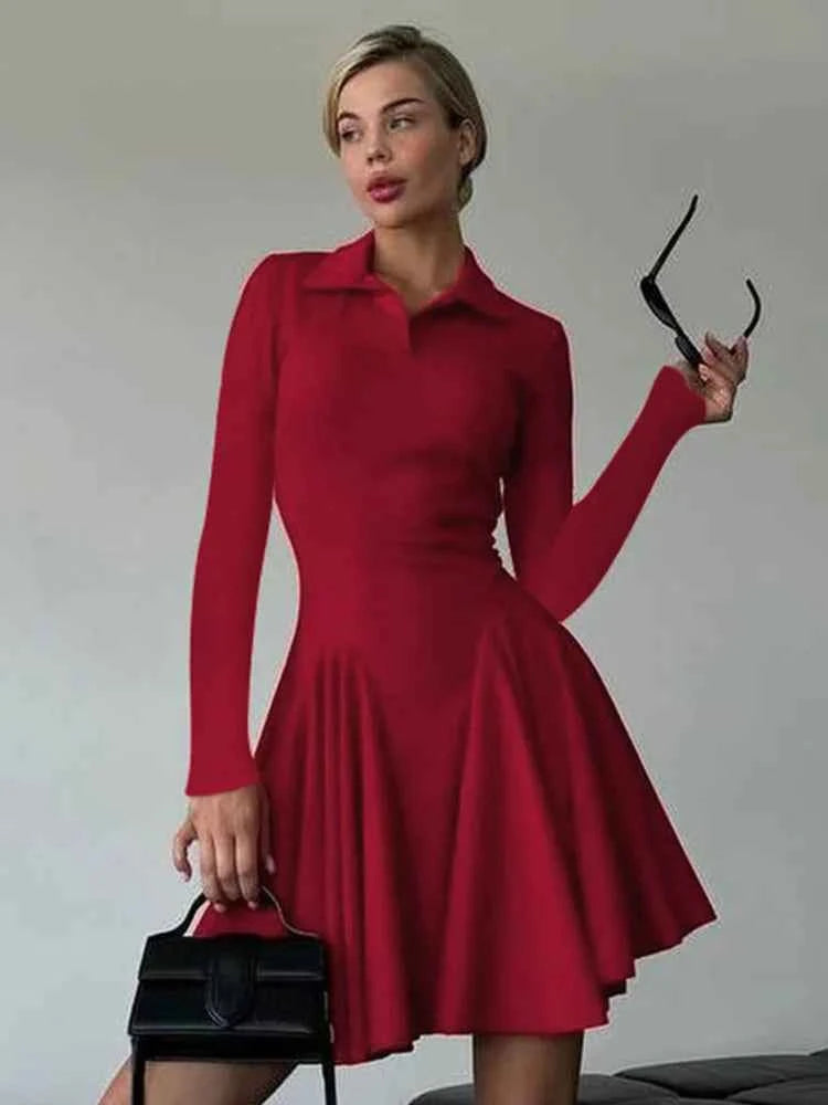 Long Sleeve Pleated Lapel High Waist Knitted Sweater Mini Dress - Rown